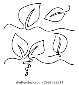 Simple illustration of a single botanical leaf drawn with a minimalist one continuous line style, featuring a light green abstract background shape. 