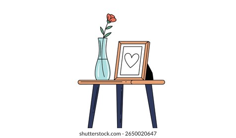 Simple illustration of a single flower in a vase on a table with a framed heart drawing