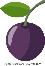 Simple illustration of a single plum with a dark purple hue, a green leaf, and a stem, representing a healthy and delicious fruit. Not AI Generated