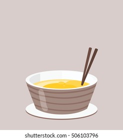 Simple illustration of the single serving of the Asian noodle soup whit chopsticks in the brown bowl. Big empty copy space on the top of the illustration on the brown background.