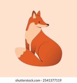 Simple illustration of sitting red fox. Naive cartoon clip art with cute forest animal. For autumn card, banner, flyer design. Flat Design. Kawaii print in minimal style. 