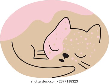 Simple illustration of sleeping beige cat curled up in a ball with spots on its back. Vector illustration of a cat. The cat curled up in a ball.  Beige cat with pink spots. Pet in a simple cute style