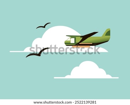 A simple illustration of a small airplane flying over clouds with birds in a flat, minimalist style. Ideal for travel-themed designs or aviation-related projects.