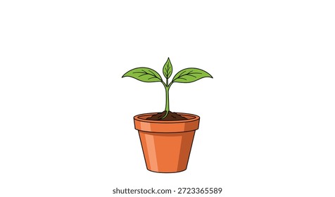 Einfache Illustration eines kleinen grünen Sämlings mit drei Blättern, die aus Erde in einem braunen Terrakotta-Tontopf wachsen.
