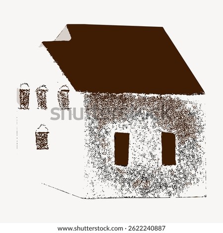 Simple illustration of a small house with a dark roof. The house has a minimalist design with a textured facade and small windows. House illustration. Vintage illustration vector.
