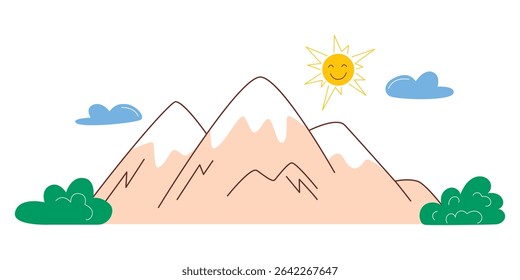 Simple illustration of snowy mountains with bushes on clear sunny day. Sun, clouds and mountain range. Vector graphics