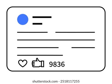 Ilustração simples de uma interface de postagem de mídia social com um avatar do usuário, linhas de texto e ícones de curtidas e comentários. Ideal para mídias sociais, engajamento do usuário, comunicação digital, interação on-line e