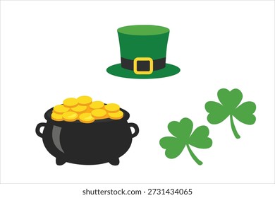 Ilustración simple de los símbolos del día de San Patricio, incluyendo olla de oro, sombrero de duende y tréboles sobre un fondo blanco limpio.