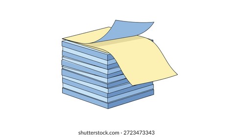 Simple illustration of a stack of blue and yellow paper or sticky notes, with the top two sheets peeling upwards slightly.