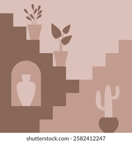 A simple illustration of a staircase adorned with potted flowers and a cactus, framed by an arch in soft sand tones, creating a minimalist and warm aesthetic.