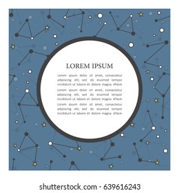 Simple illustration with stars, constellations and english text, poster design. Colorful background vector. Creative template. Flat thin line icons, astronomy