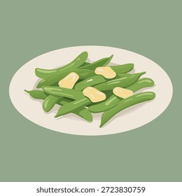 A simple illustration of steamed green beans topped with pats of butter, served on a white plate against a muted green background.