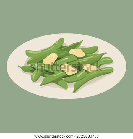 A simple illustration of steamed green beans topped with pats of butter, served on a white plate against a muted green background.