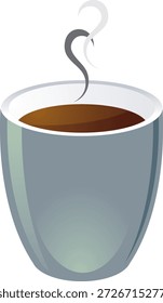 A simple illustration of a steaming cup of coffee in a grey, handleless cup filled with a dark brown beverage. Wisps of steam rise from the cup, indicating heat and freshness. Ideal for use as clip art, logo icons, café branding, menus, and beverage-related designs.