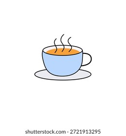 Ilustração simples de uma xícara de chá ou café a vapor em um pires. Design limpo e minimalista com copo azul claro e líquido laranja quente. Ideal para bebidas, relaxamento ou conceitos matinais.