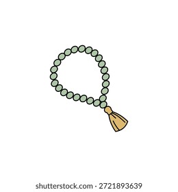 Ilustración simple de una cadena de cuentas de oración con una borla. Las esferas verdes suaves forman un círculo, conectadas a una borla dorada. Diseño limpio y minimalista sobre un fondo blanco.