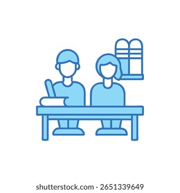 A simple illustration of students at a desk, studying with a book, using a flat modern style.