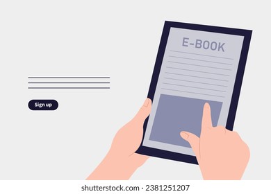 Simple illustration style e-book website material design, simulating users using e-books.