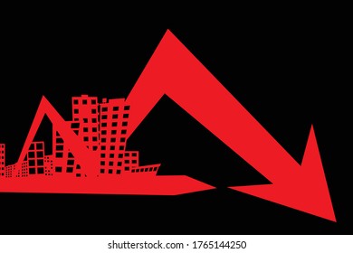 Simple Illustration With A Stylized City And A Graph With An Arrow Tending Downward In Red On A Black Background. Demonstration Of Regression In The Development Of The City And A Drop In Income