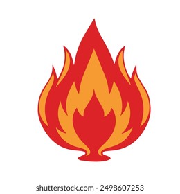 Ilustración simple de un fuego estilizado, llama de la historieta en colores rojos, naranjas y amarillos vibrantes, forma simétrica, estilo gráfico de Vector limpio, fondo blanco, símbolo icónico del fuego