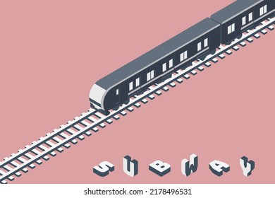 Ilustración simple de un metro que corre por los raíles. Estilo isométrico con espacio de copia. Fondo rosa. Concepto de transporte y turismo.
