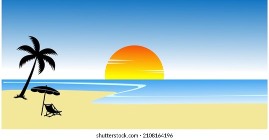 A simple illustration of sun rise on the beach. Peaceful and calm atmosphere.