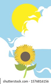 simple illustration of a sunflower with a background of the sky sun and clouds