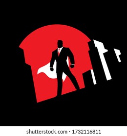 Simple illustration of superhero watching over the city from the roof of a tall building at night.