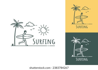 Simple illustration of surfer running with surfboard on tropical beach with text surfing