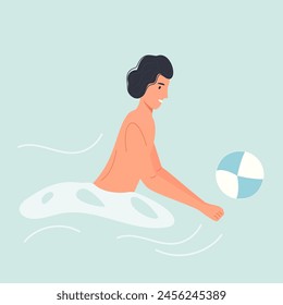 Una simple ilustración de un nadador, empujando una pelota de playa en aguas tranquilas y azules, representando el ocio y el juego.