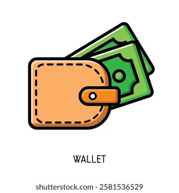 A simple illustration of a tan leather wallet with green cash sticking out Perfect for finance websites or apps