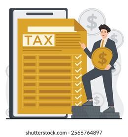 Simple illustration of tax theme, showing tax calculations, filing, and savings tips, annual report