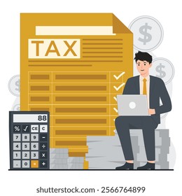 Simple illustration of tax theme, showing tax calculations, filing, and savings tips, annual report