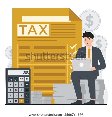 Simple illustration of tax theme, showing tax calculations, filing, and savings tips, annual report
