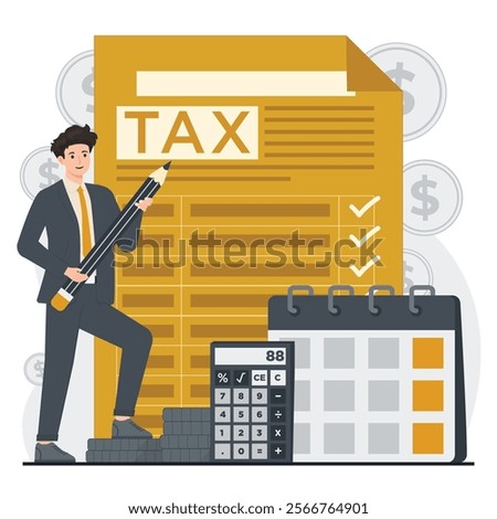 Simple illustration of tax theme, showing tax calculations, filing, and savings tips, annual report