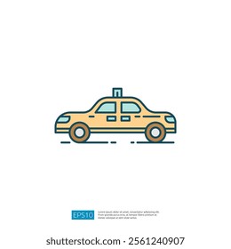 A simple illustration of a taxi cab, featuring a yellow body and a light on top, representing urban transport and mobility.