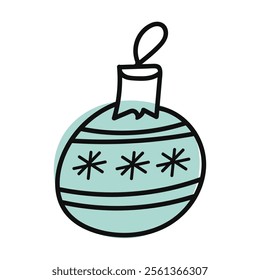 Simple illustration of a teal Christmas ornament with snowflake patterns and a hanging loop, perfect for holiday-themed projects