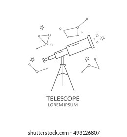 Simple illustration with telescope, poster design. Black and white background vector. Creative concept, symbol for modern company. Silhouette of the astronomical instrument, astronomy. Flat thin icon