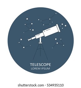 Simple illustration with telescope, poster design. Navy blue and white background vector. Creative concept, symbol for company. Silhouette of the astronomical instrument, astronomy. Flat thin icon