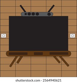 Simple illustration of a television set with antenna on a table against a tiled wall background