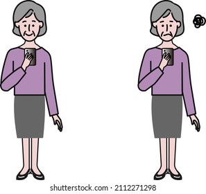 A simple illustration that can also be used for line drawing videos on a white background with a troubled expression and a smiling face holding a senior woman's smartphone with bob hair