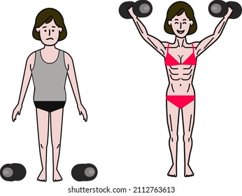 Una simple ilustración que también se puede usar para trazar líneas de videos sobre un fondo blanco de trebi muscular para después de una joven con pelo de pob con campanas de púas
