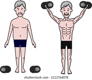 A simple illustration that can also be used for line drawing videos on a white background of muscle trebi for after muscles of a senior man with white hair wearing black boxer shorts with dumbbells