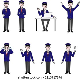 A simple illustration that can be used for line drawing videos on a white background with facial expression variations such as train driver, conductor OK, hurray, sitting in front of a computer, etc.