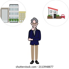 A simple illustration that can be used for line drawing videos on a white background of a senior man who thinks whether it is an apartment or a detached house with a smile