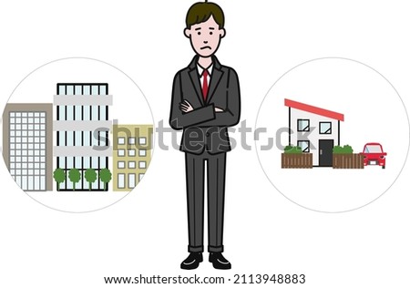 A simple illustration that can be used as a line drawing video on a white background of a man in a young suit who looks worried and thinks whether it is an apartment or a detached house