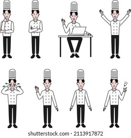 A simple illustration that on a white background with facial expression variations such as OK for a young man shuffling in a cook coat, hurray, or sitting in front of a computer.