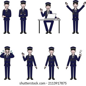 A simple illustration that on a white background with facial expression variations such as OK of a middle-aged male police officer wearing glasses, hurray, sitting in front of a computer, etc.