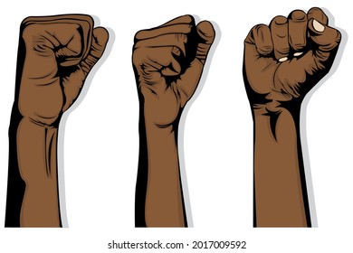 Simple illustration of three black hands that raise their fists up on white background. Human hands. Male Hands.Woman Hands. Body part. The Demonstrator. The warrior. Human rights .