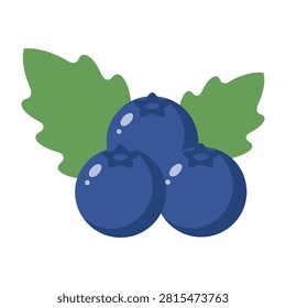 Simple illustration of three blueberries with green leaves on white background